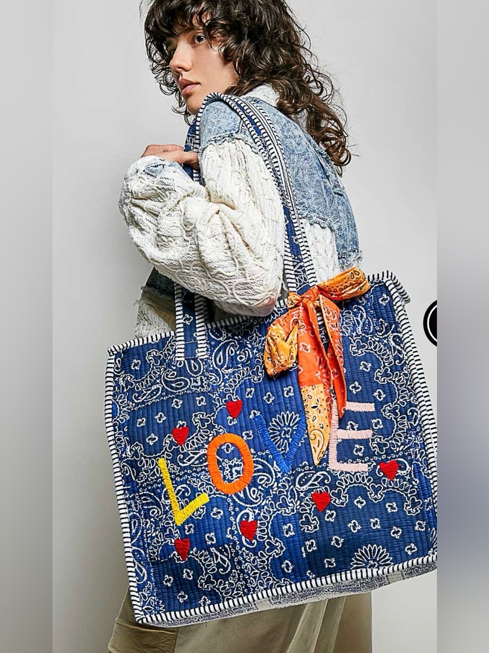 COMING SOON POL Blue Quilted Tote Bag with 'LOVE' Script and Orange Scarf